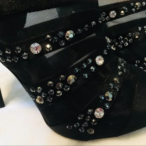 Jeweled and Mesh Black Peep Toe Bootie High Heel | Sexy Fun Celebrity Socialite - Picture 2 of 7